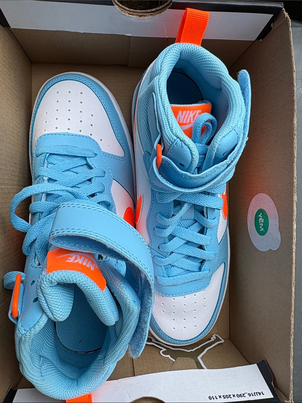 Nike Kids High-Top Sneakers in Sky Blue, White and Bright Orange